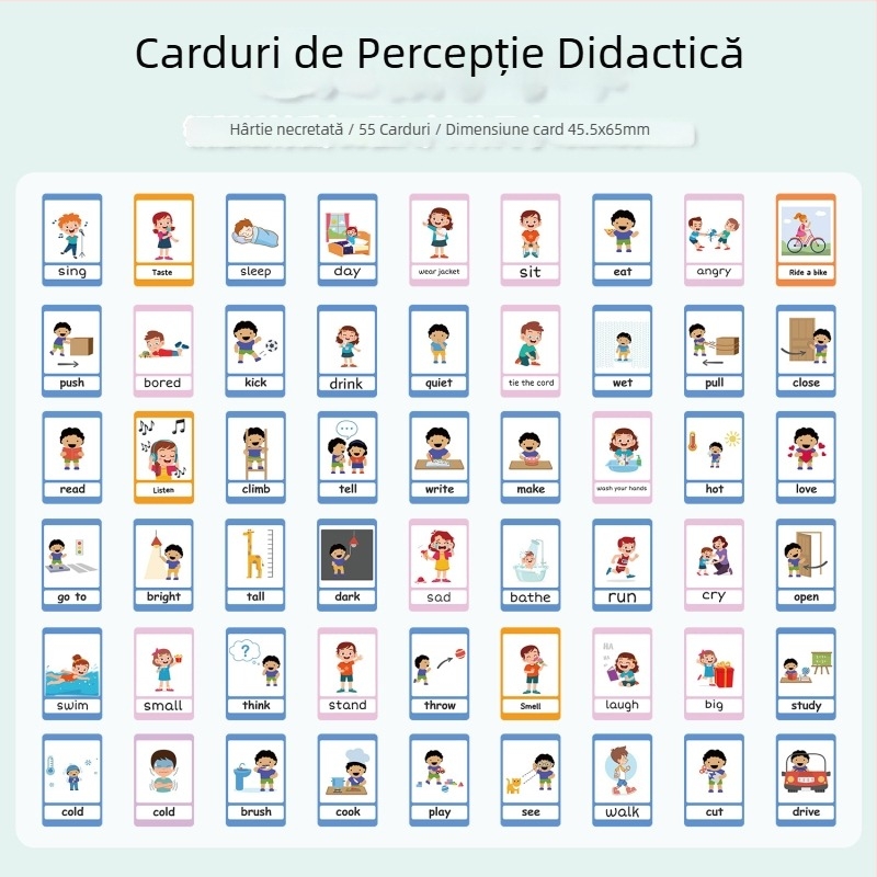 55 de carduri de învățare cu imagini, colorate, pentru învățarea limbii engleze și dezvoltarea percepției la copii