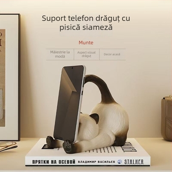 Suport pentru telefon și tabletă cu pisică Siamese, decorațiune de birou din rășină, cadou pentru fete