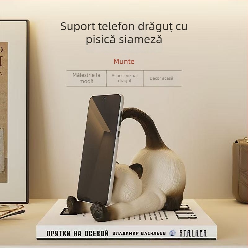 Suport pentru telefon și tabletă cu pisică Siamese, decorațiune de birou din rășină, cadou pentru fete