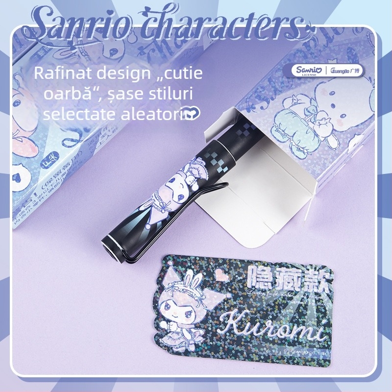 Guangbo Sanrio Cutie-surpriză cu stilou fountain cu vârf F, cerneală albastră, rezervor de cerneală, 12 bucăți în cutie, include semn de carte