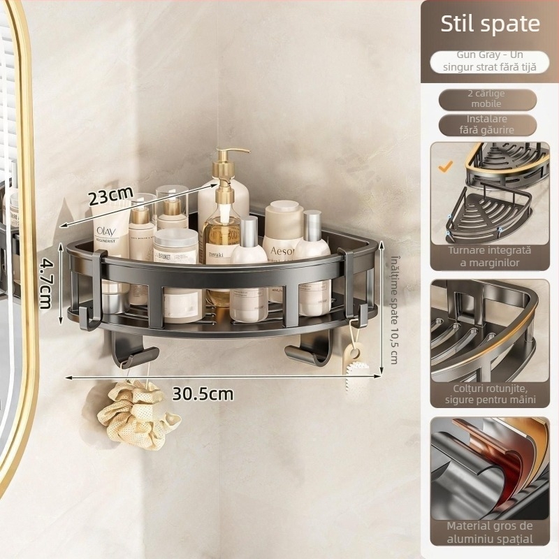 Raft de baie triunghiular, montat pe perete, 3 niveluri, fără găuri, aluminiu cu pulbere