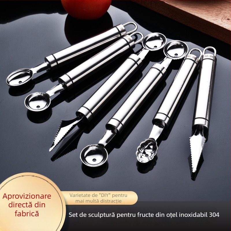 Set de fructe din oțel inoxidabil 304: lingură-balon pentru fructe, cuțit gravat cu model floral, lingură pentru pepene, unealtă de eliminare a seminilor, lingură de înghețată, tăietor în bucăți