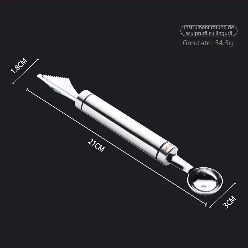 Set de fructe din oțel inoxidabil 304: lingură-balon pentru fructe, cuțit gravat cu model floral, lingură pentru pepene, unealtă de eliminare a seminilor, lingură de înghețată, tăietor în bucăți
