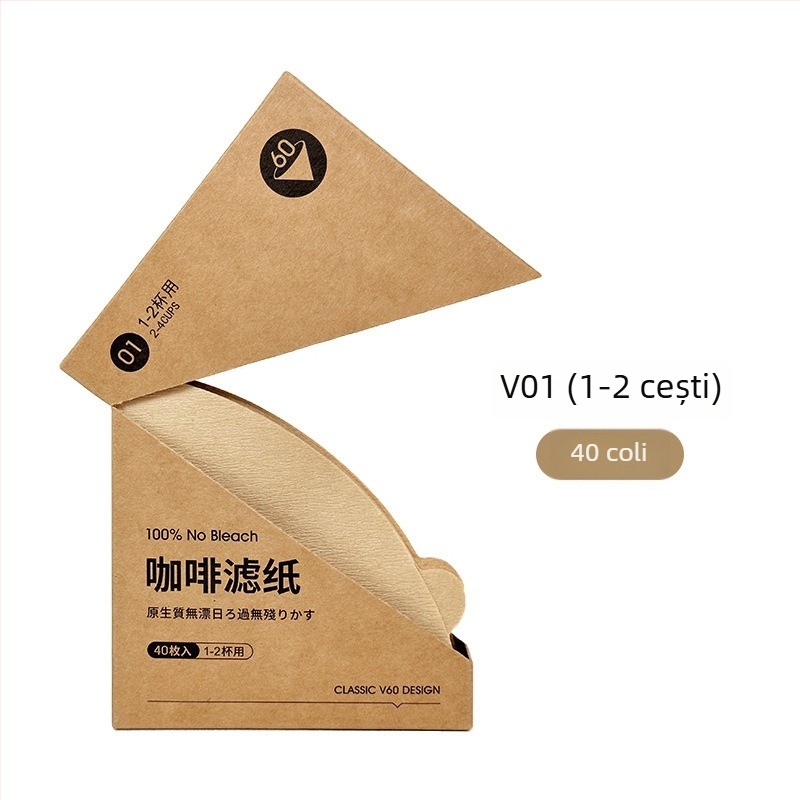 Hârtie de filtru pentru cafea, formă conică, din pulpă de lemn brută, pentru pour-over în stil american, filtrare prin picurare, V01/02, cu cutie, 50/100 foi
