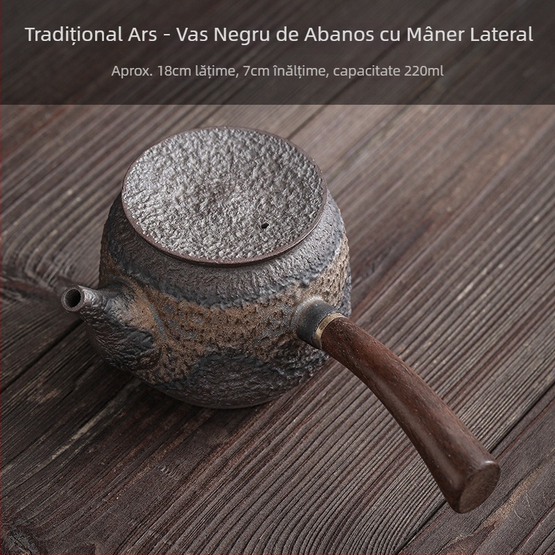 Ceainic ceramic Kung Fu cu mâner lateral din abanos, stil retro japonez, glazură de fier aurită