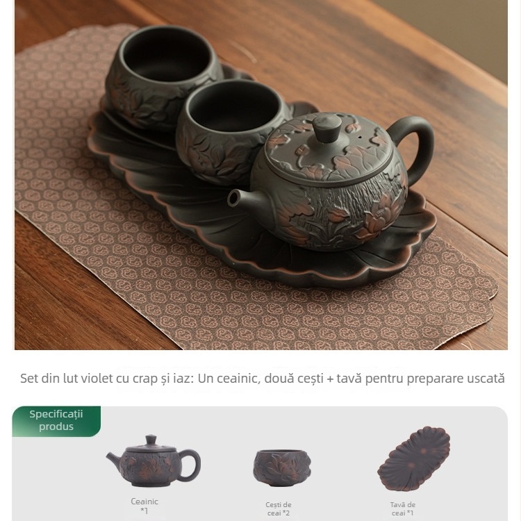 Set ceai ceramic vintage cu motiv koi și lotus – ceainic chinezesc și două cești