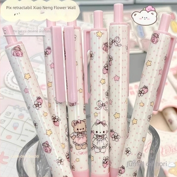 Gel pen cu mecanism de apăsare, design perete cu urs și flori, stil Instagram, cerneală neagră netedă, uscare rapidă, pentru învățare