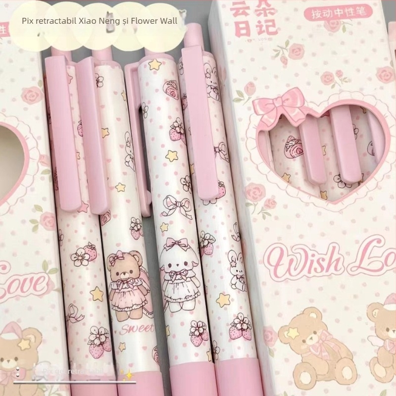 Gel pen cu mecanism de apăsare, design perete cu urs și flori, stil Instagram, cerneală neagră netedă, uscare rapidă, pentru învățare