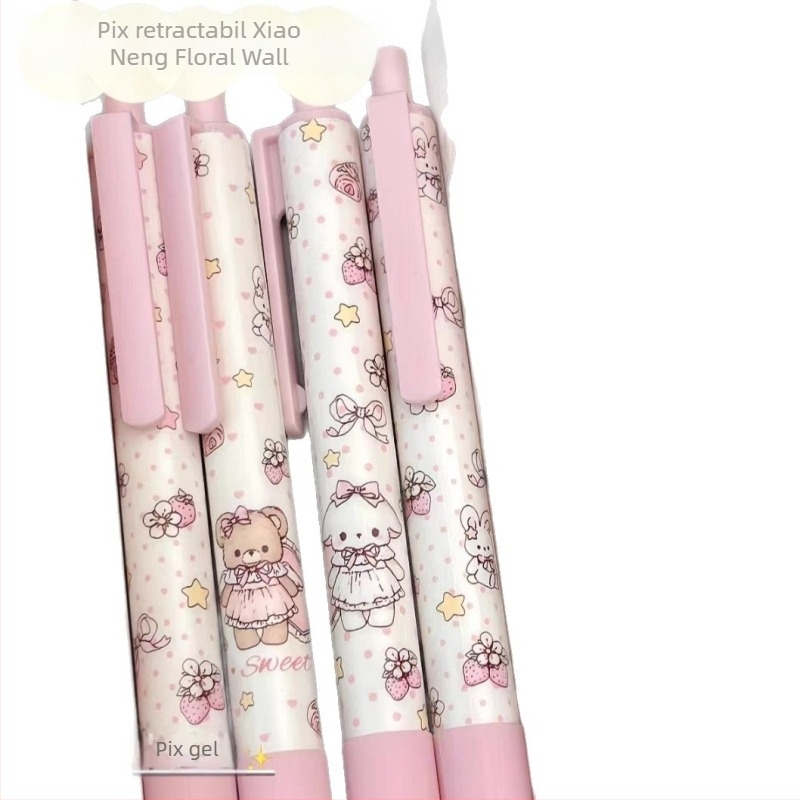 Gel pen cu mecanism de apăsare, design perete cu urs și flori, stil Instagram, cerneală neagră netedă, uscare rapidă, pentru învățare