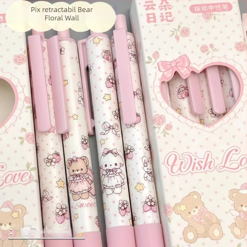 Gel pen cu mecanism de apăsare, design perete cu urs și flori, stil Instagram, cerneală neagră netedă, uscare rapidă, pentru învățare