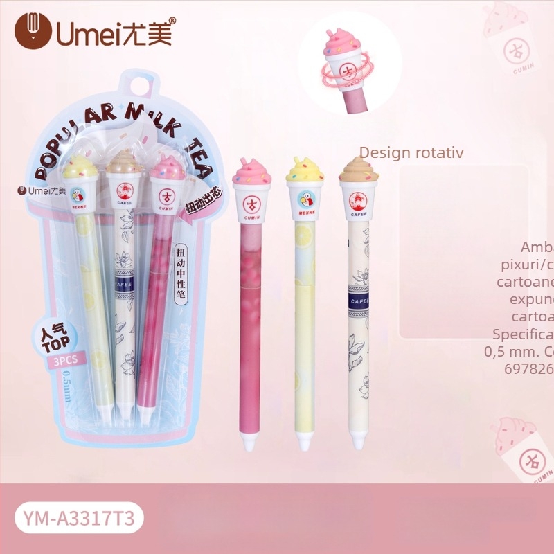 Pix gel Yumei cu design Milk Tea, mecanism răsucire, pentru elevi – scriere lină, uscare rapidă, pachet de trei