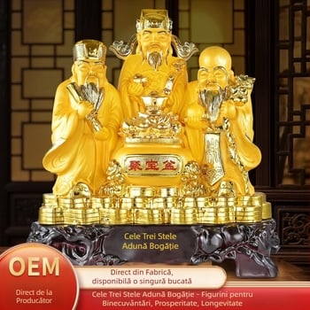 Statuie a celor Trei zei ai norocului Fu Lu Shou pentru atragerea bogăției — Zeul Bogăției și statuetă Buddha pentru decor de sufragerie în stil chinezesc