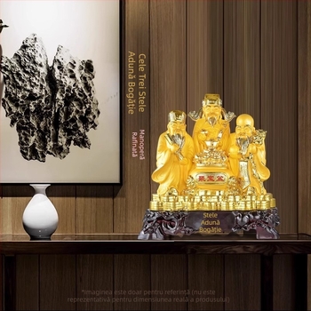 Statuie a celor Trei zei ai norocului Fu Lu Shou pentru atragerea bogăției — Zeul Bogăției și statuetă Buddha pentru decor de sufragerie în stil chinezesc
