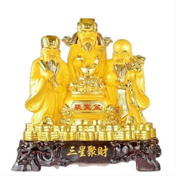 Statuie a celor Trei zei ai norocului Fu Lu Shou pentru atragerea bogăției — Zeul Bogăției și statuetă Buddha pentru decor de sufragerie în stil chinezesc