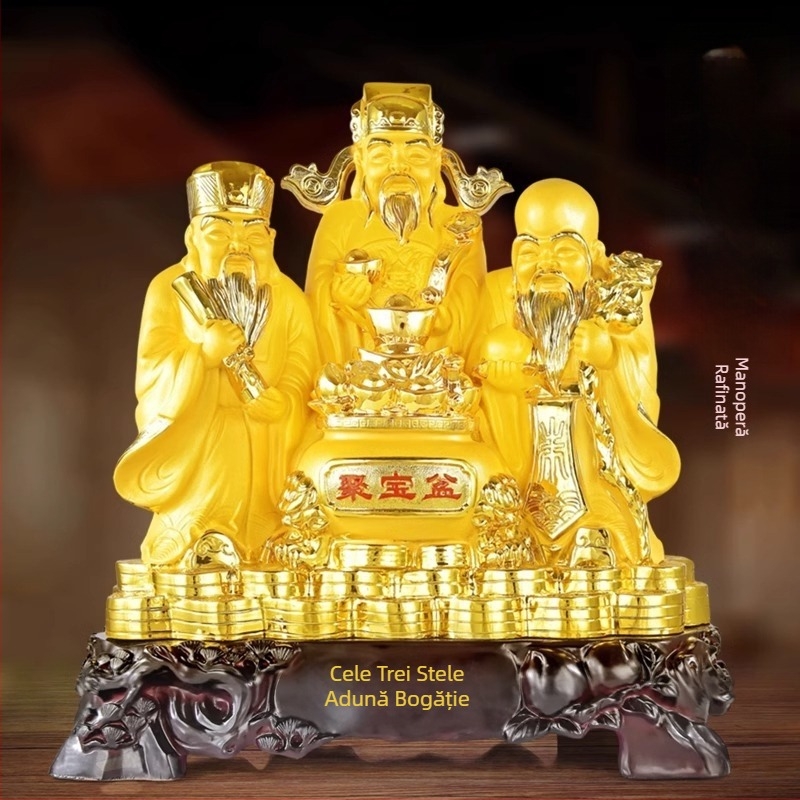 Statuie a celor Trei zei ai norocului Fu Lu Shou pentru atragerea bogăției — Zeul Bogăției și statuetă Buddha pentru decor de sufragerie în stil chinezesc