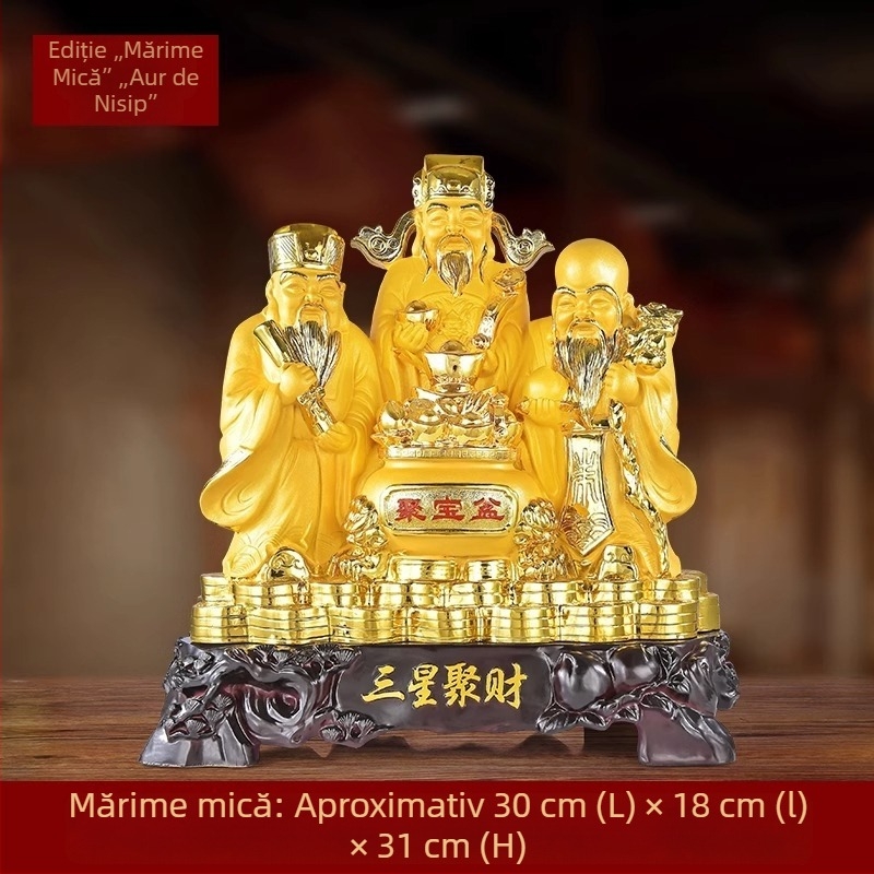 Statuie a celor Trei zei ai norocului Fu Lu Shou pentru atragerea bogăției — Zeul Bogăției și statuetă Buddha pentru decor de sufragerie în stil chinezesc