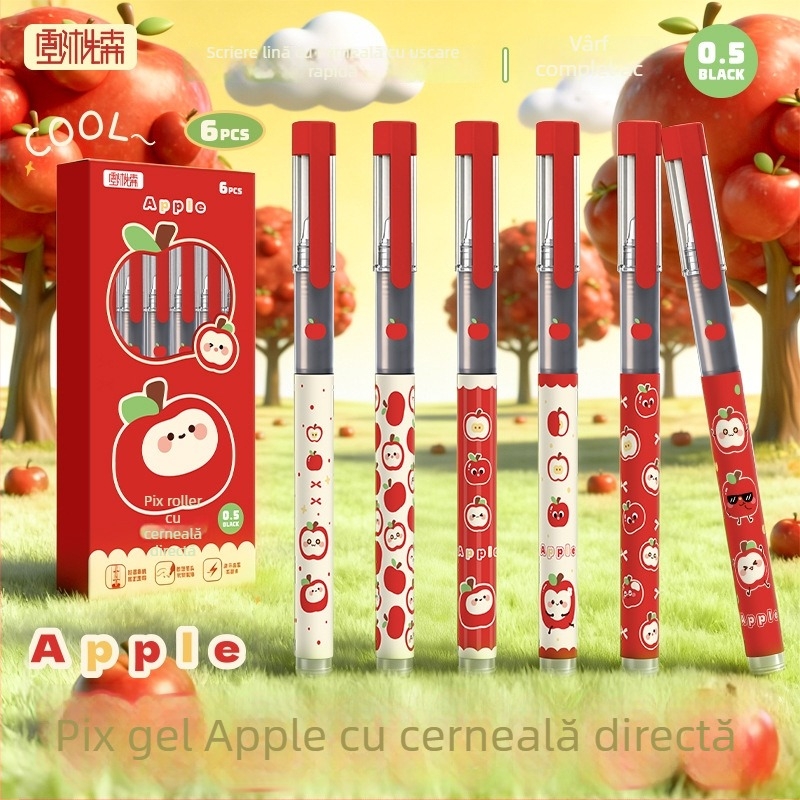 Pix gel din seria Cartoon Apple, cerneală lichidă directă, uscare rapidă, 0,5 mm, negru