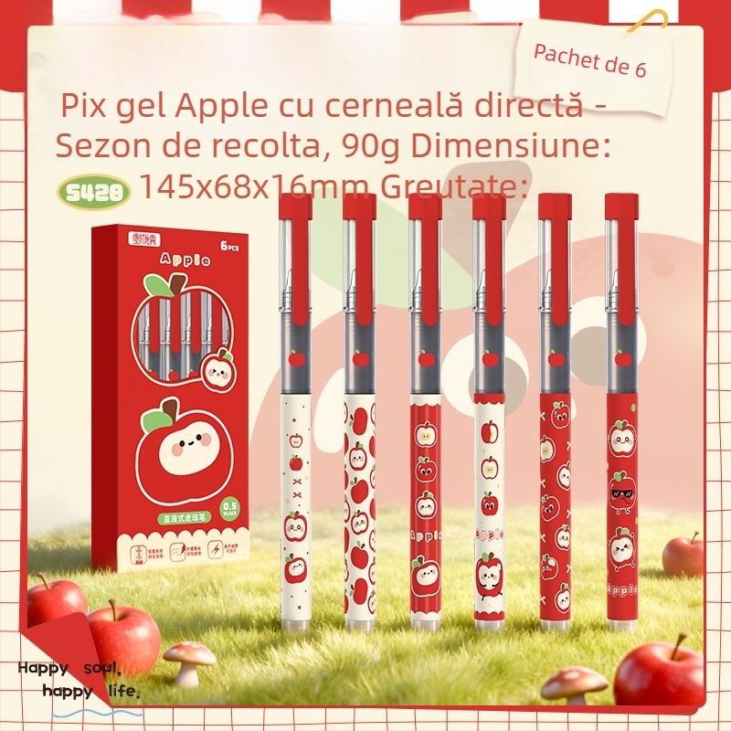 Pix gel din seria Cartoon Apple, cerneală lichidă directă, uscare rapidă, 0,5 mm, negru