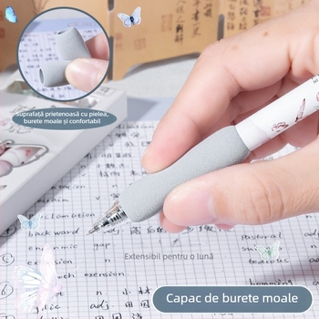 Pix retractabil în stil național pentru elevi de școală primară, cerneală cu uscare rapidă, vârf cu pensulă pentru exerciții, pix negru creativ, mâner moale din burete