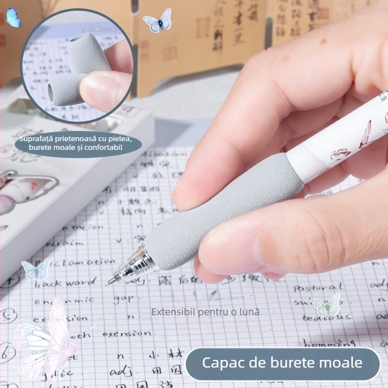 Pix retractabil în stil național pentru elevi de școală primară, cerneală cu uscare rapidă, vârf cu pensulă pentru exerciții, pix negru creativ, mâner moale din burete