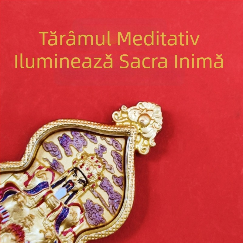 Amulet metal Thangka cu Cinci Dumnezei ai Bogăției, Bodhisattva Dragon King Guangji, talisman metalic în formă de calabash, Thangka mic