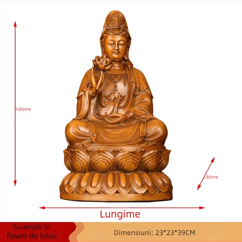 Statuie din rășină Guanyin, în stil chinezesc, așezată pe lotus, decor pentru casă (living, hol sau birou)