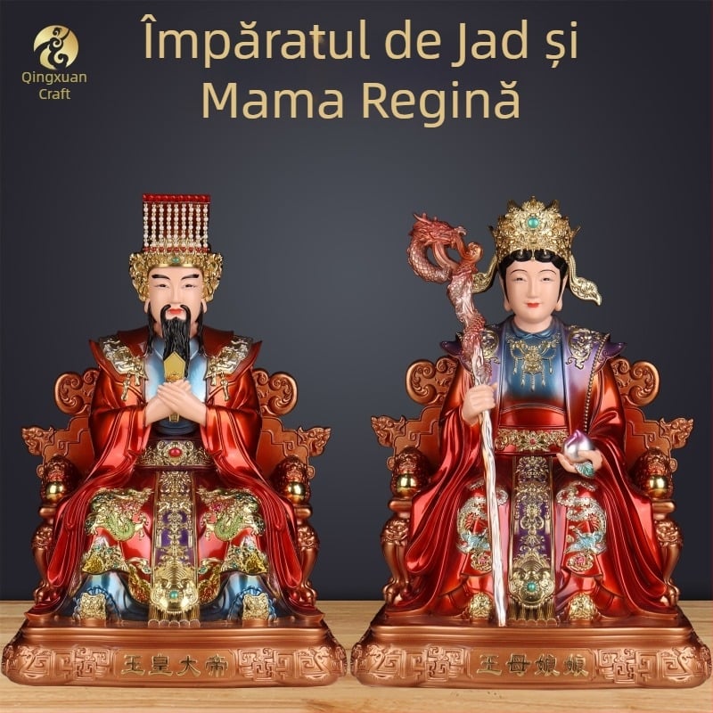 Statui ale Împăratului de Jad și ale Reginei‑Mamă pentru altarul de acasă, figuri budiste din rășină