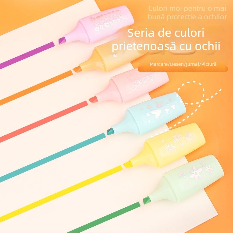 Set nou de markeri fluorescenți, 6 culori, prietenoși cu ochii, pentru elevi – rechizite moderne pentru notițe și desene
