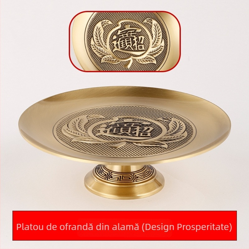Tavă de ofrandă din alamă cu lotus, fructe și statueta Budha – ornamente din alamă