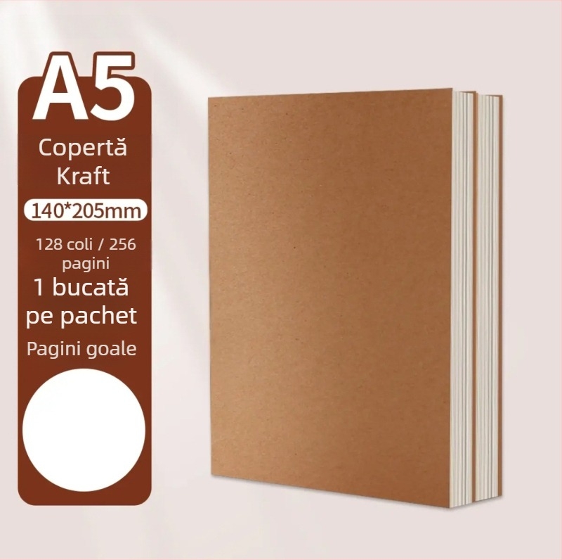 Caiet vintage din hârtie kraft, caiet gol, simplu, format A5, pagini cu linii groase