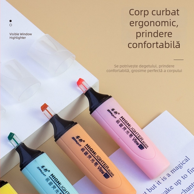 Marker de evidență cu vârf de cristal, vârf transparent, set de 6 culori fluorescente pentru elevi