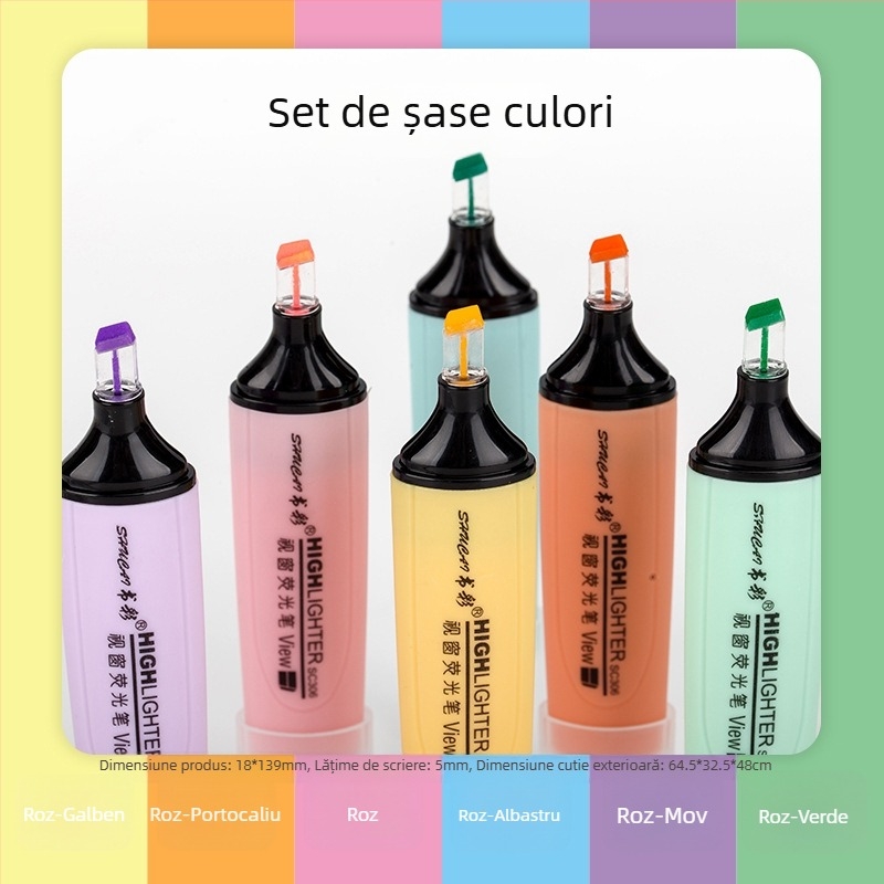 Marker de evidență cu vârf de cristal, vârf transparent, set de 6 culori fluorescente pentru elevi