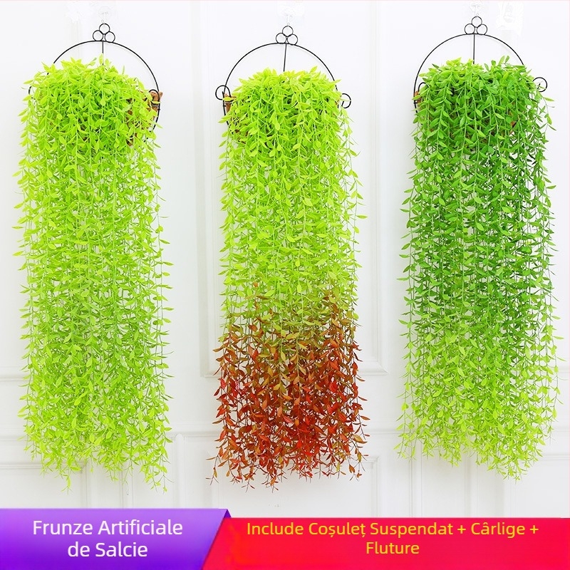 Viță decorativă artificială cu frunze din plastic pentru agățare pe perete în interior, flori artificiale și plante verzi, cu coș suspendat