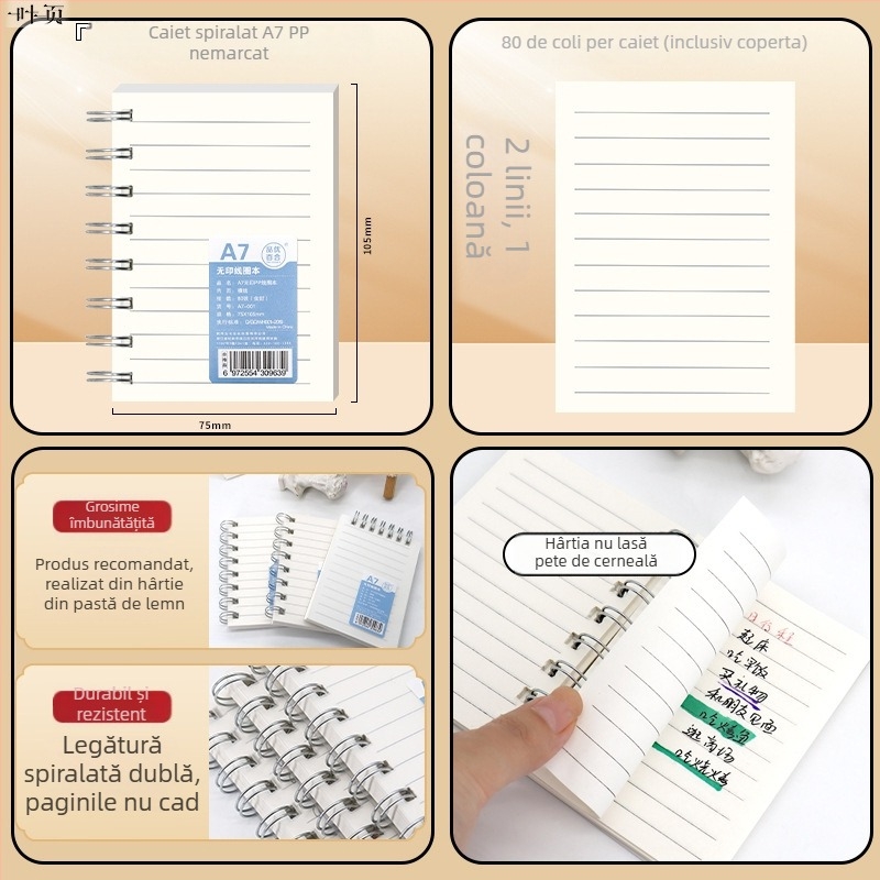 A7 mic carnet spiral pentru elevi, caiet de buzunar simplu, notebook portabil cu rânduri, copertă PP impermeabilă