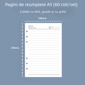 Pagini interioare de reîncărcare A5, cu 6 găuri, liniate, hârtie groasă pentru schițe, 60 de foi
