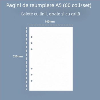 Pagini interioare de reîncărcare A5, cu 6 găuri, liniate, hârtie groasă pentru schițe, 60 de foi