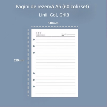 Pagini interioare de reîncărcare A5, cu 6 găuri, liniate, hârtie groasă pentru schițe, 60 de foi