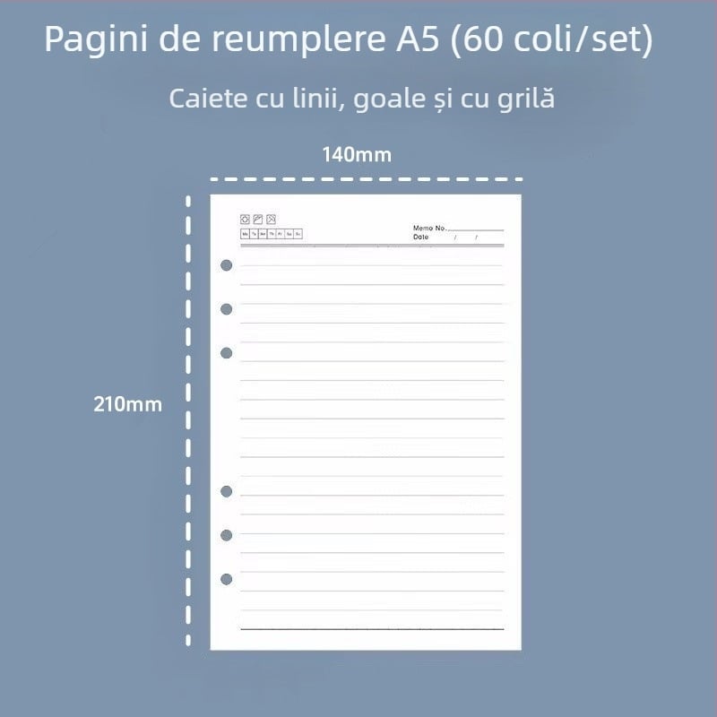 Pagini interioare de reîncărcare A5, cu 6 găuri, liniate, hârtie groasă pentru schițe, 60 de foi