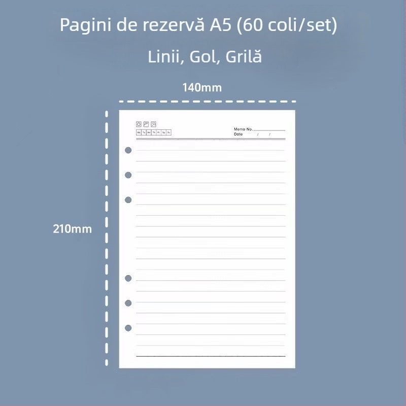 Pagini interioare de reîncărcare A5, cu 6 găuri, liniate, hârtie groasă pentru schițe, 60 de foi