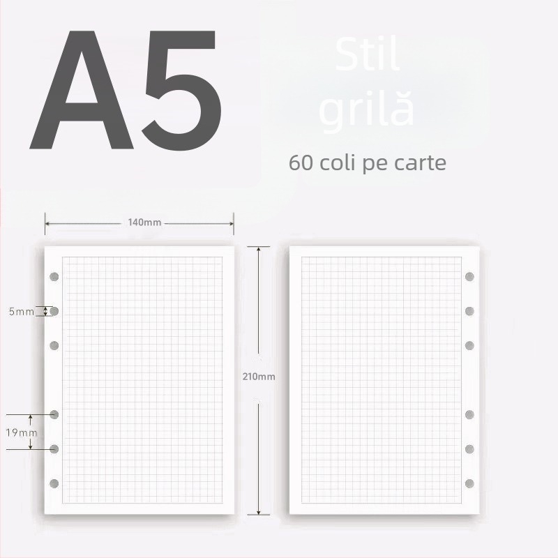 Pagini interioare de reîncărcare A5, cu 6 găuri, liniate, hârtie groasă pentru schițe, 60 de foi