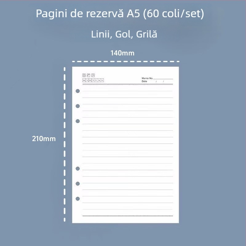 Pagini interioare de reîncărcare A5, cu 6 găuri, liniate, hârtie groasă pentru schițe, 60 de foi