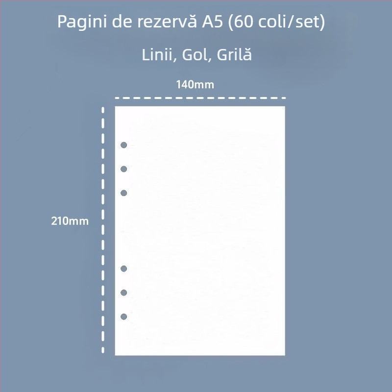 Pagini interioare de reîncărcare A5, cu 6 găuri, liniate, hârtie groasă pentru schițe, 60 de foi