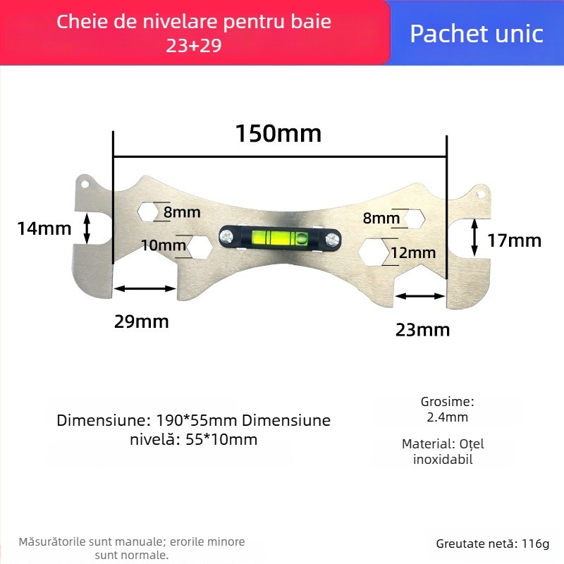 Nivel pentru duș cu cheie hexagonală, șurub cu picior curbat din oțel inox, nivel din oțel inox, accesorii de instalare pentru baie