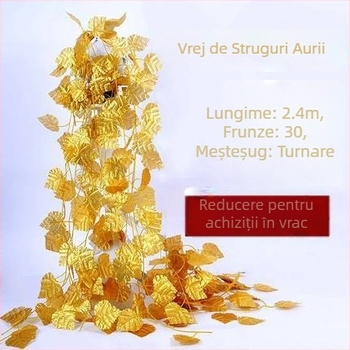 Viță cu frunze aurii și flori de mătase, flori artificiale, struguri și mere aurii, frunze de lotus
