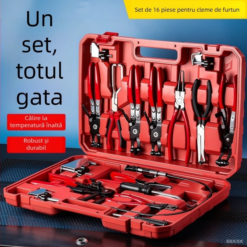 Set de 16 piese pentru demontarea și repararea conductelor de apă auto, clește pentru coliere, oțel No. 45, durabil