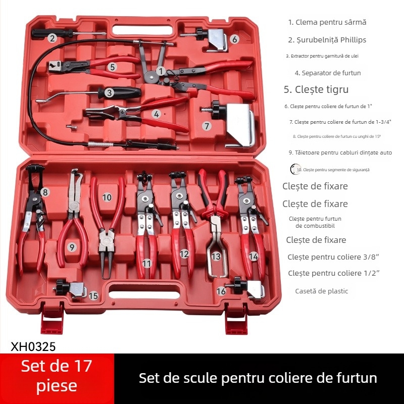 Set de 16 piese pentru demontarea și repararea conductelor de apă auto, clește pentru coliere, oțel No. 45, durabil