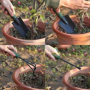 Set de unelte de grădinărit pentru uz casnic: plantarea legumelor, florilor și suculentelor — greblă pentru afânarea solului, lopată și lingură de grădină (patru piese)