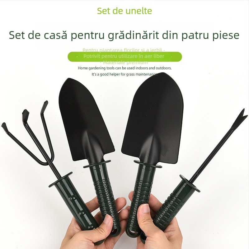 Set de unelte de grădină, patru piese, cu mânere din plastic și oțel inoxidabil