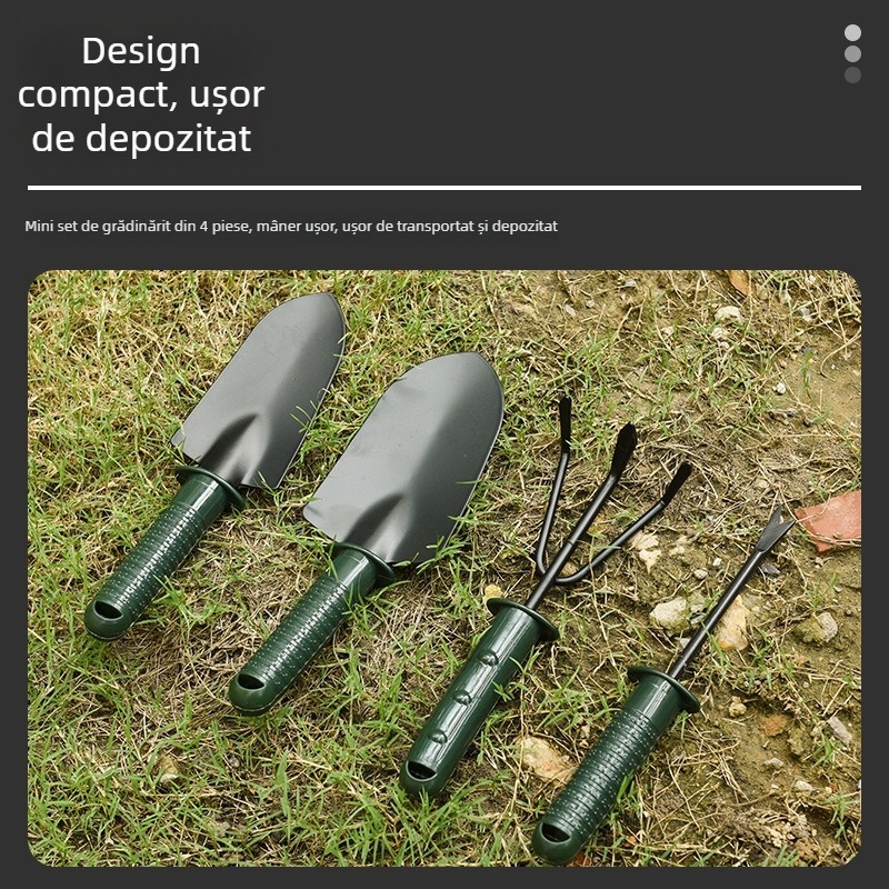 Set de unelte de grădină, patru piese, cu mânere din plastic și oțel inoxidabil