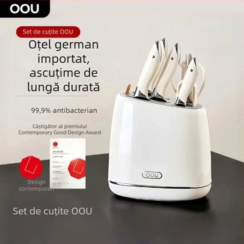 Set de cuțite OOU din oțel inoxidabil german, cu cuțite de bucătărie și foarfecă cu ascuțitor, Black Whale, 7 piese